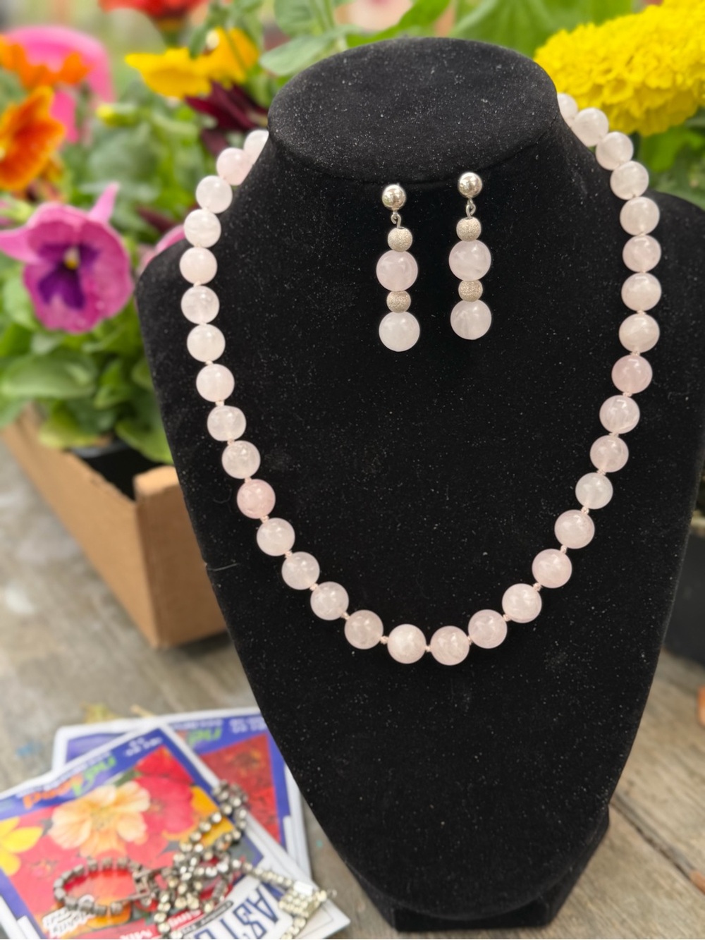 Elegant Vintage Rose Quartz Necklace and Earrings Set•Sterling Silver